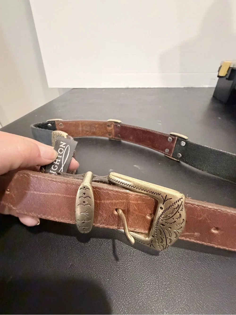 Brighton Two-Tone Leather Wrist Strap with Decorative Brass Accent